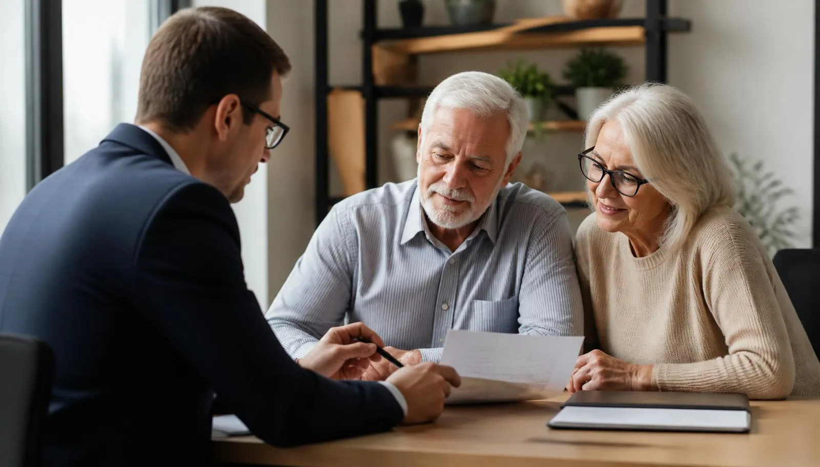 Licensed insurance agent reviewing Medicare plan options with a senior couple during an in-office consultation