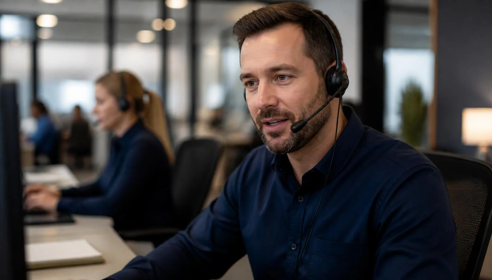 Licensed insurance producer wearing a headset taking a live transfer call in a modern insurance call center