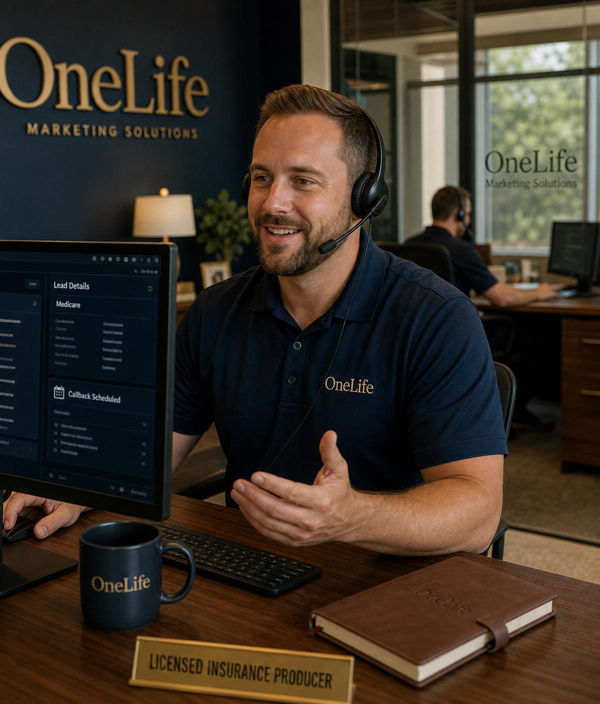Licensed OneLife Marketing Solutions insurance producer on a live client call, CRM open with lead details and callback scheduled