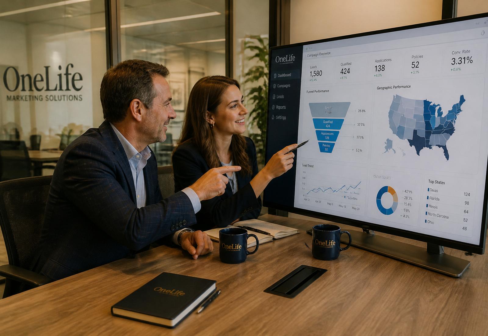 Agency owner and OneLife Marketing Solutions account manager reviewing campaign performance on a large display in a modern glass-walled conference room