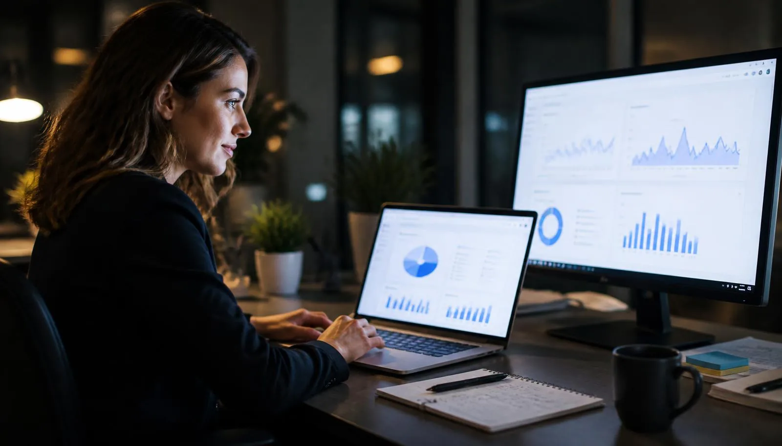 Insurance marketing manager analyzing cost-per-acquisition and lead ROI charts on a CRM dashboard