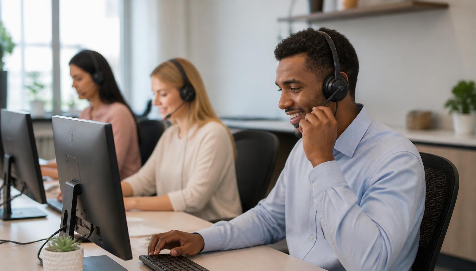 Three licensed insurance agents wearing headsets speaking with customers at desks in a bright modern insurance call center