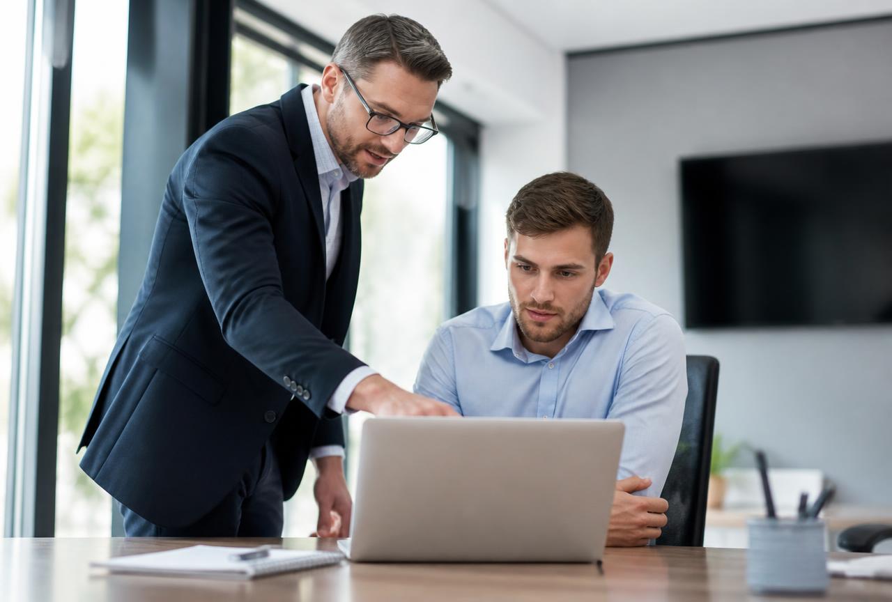 Insurance agency sales manager reviewing lead routing and CRM follow-up tasks with a producer at a desk