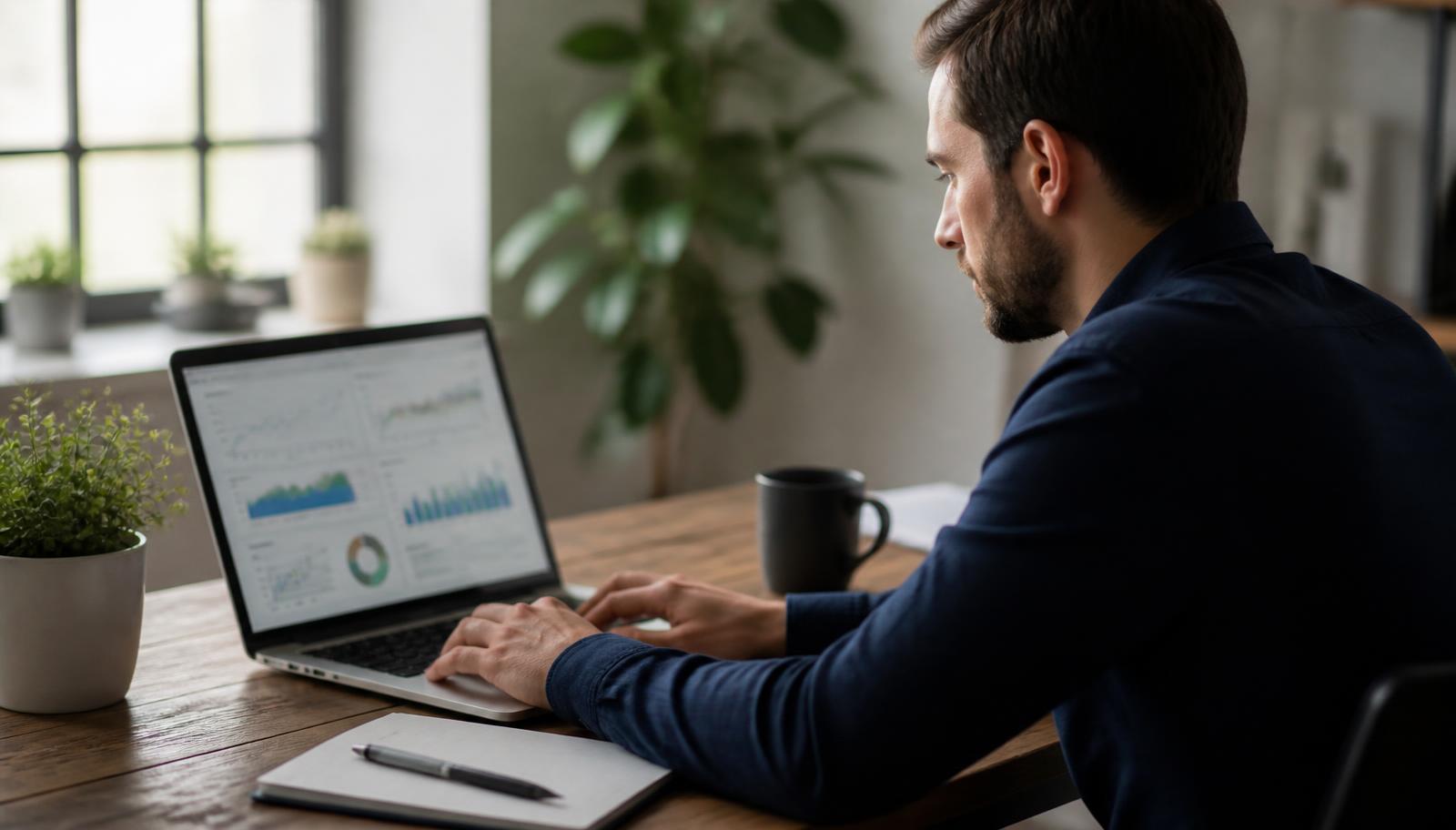 Insurance marketing operator reviewing paid advertising campaign performance on a laptop at a desk